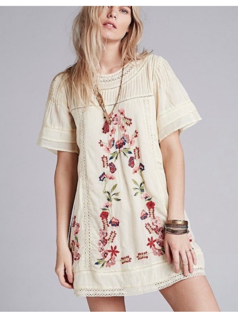 Free People Cream Boho Embroidered Floral Dress Perfectly Victorian Mini